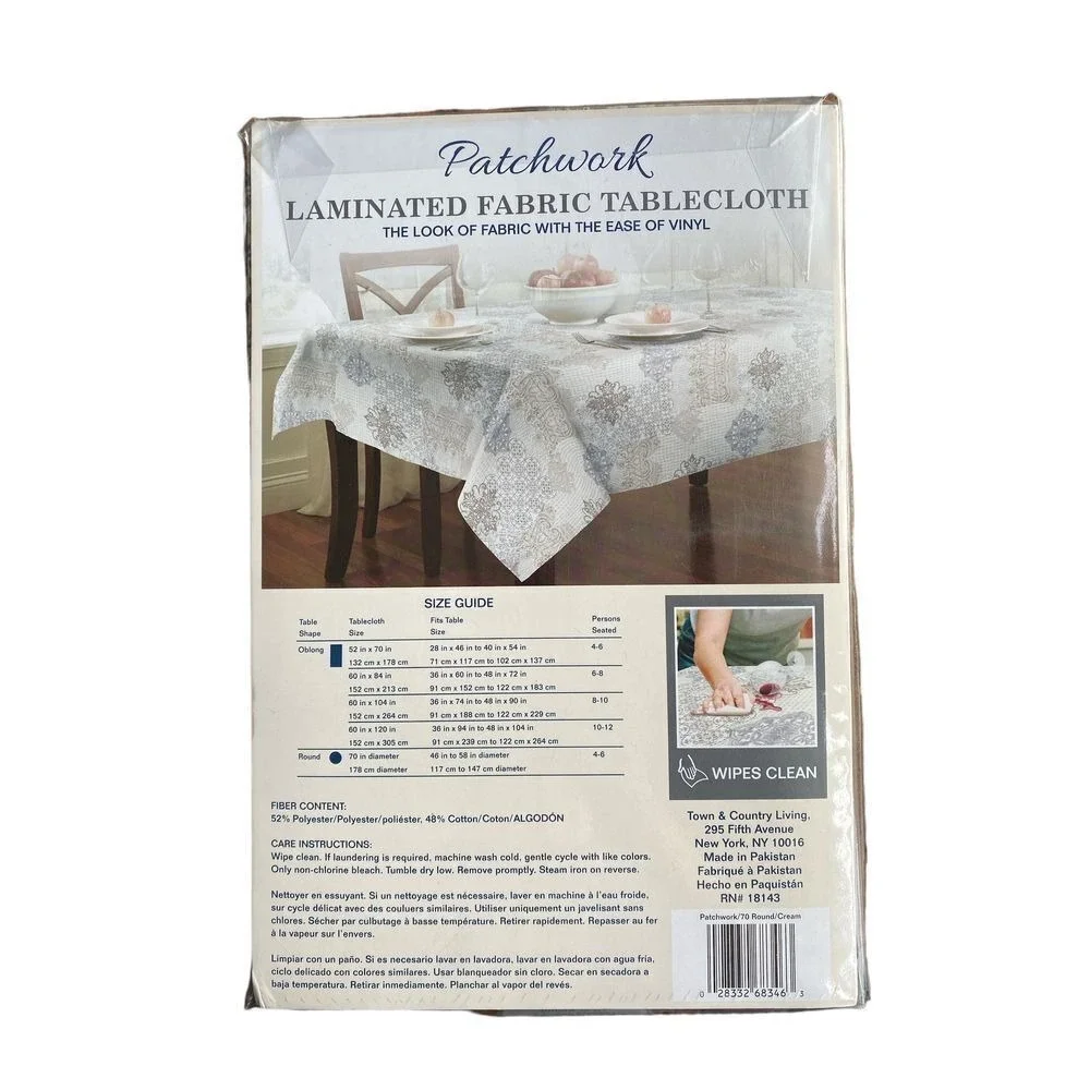 Town & Country Patchwork Tablecloth Round 70in Cream NWT Laminated Fabric Damask